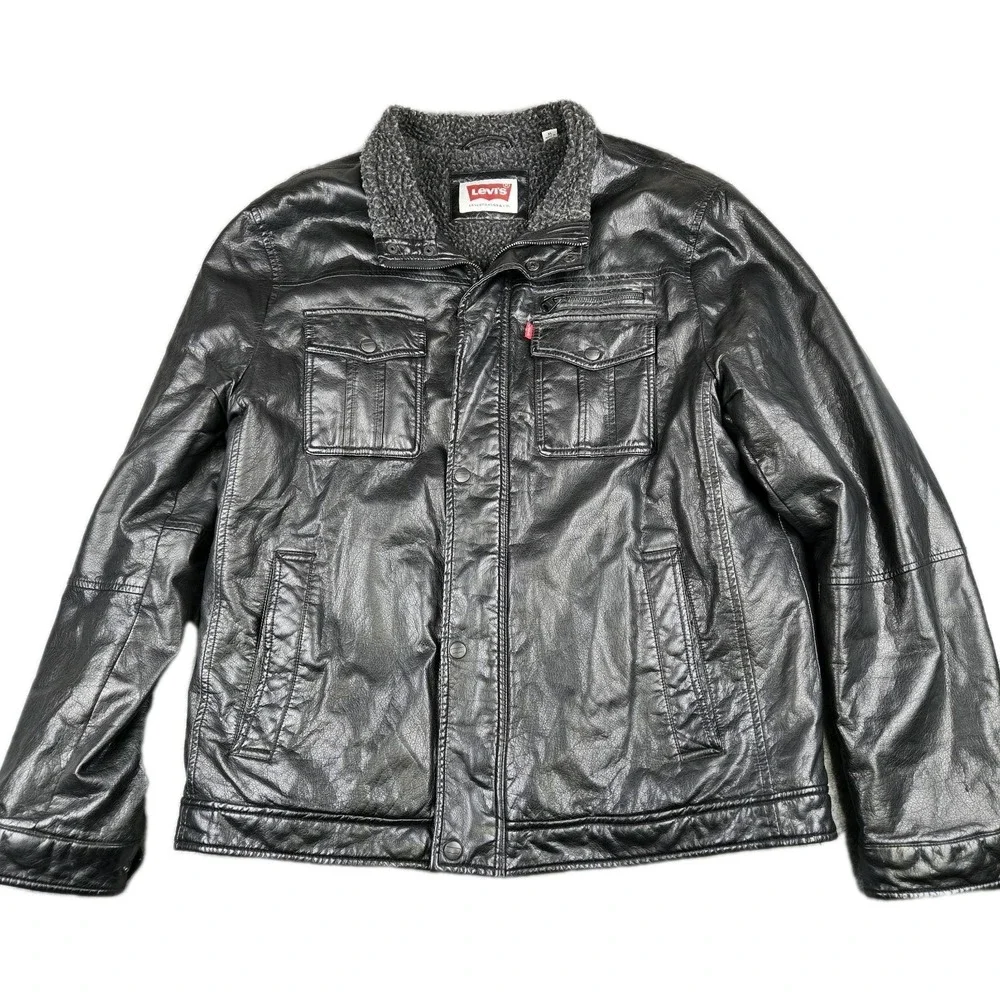 Levi's‎ Faux Leather Sherpa Fleece Lined Bomber Jacket Mens Size XL Black Biker